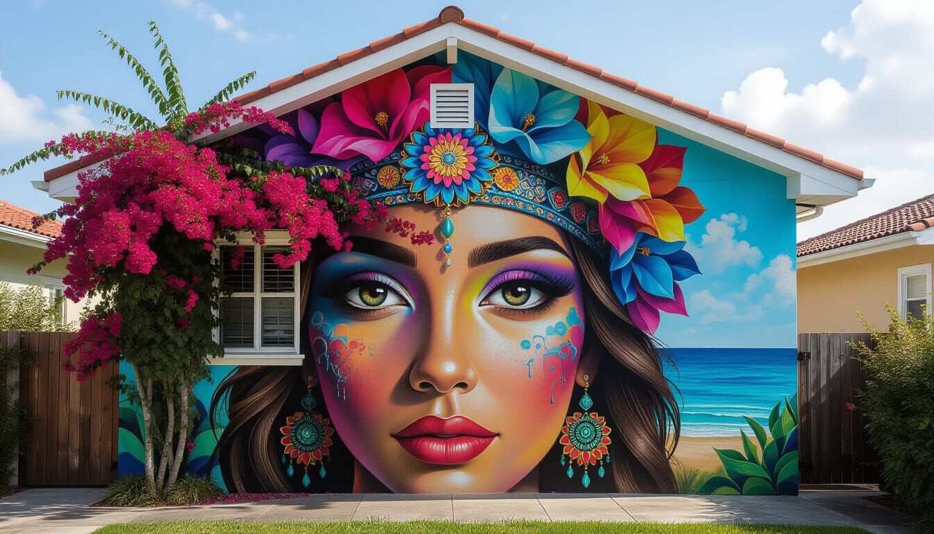 Vibrant Street Art Mural with Expressive Portrait