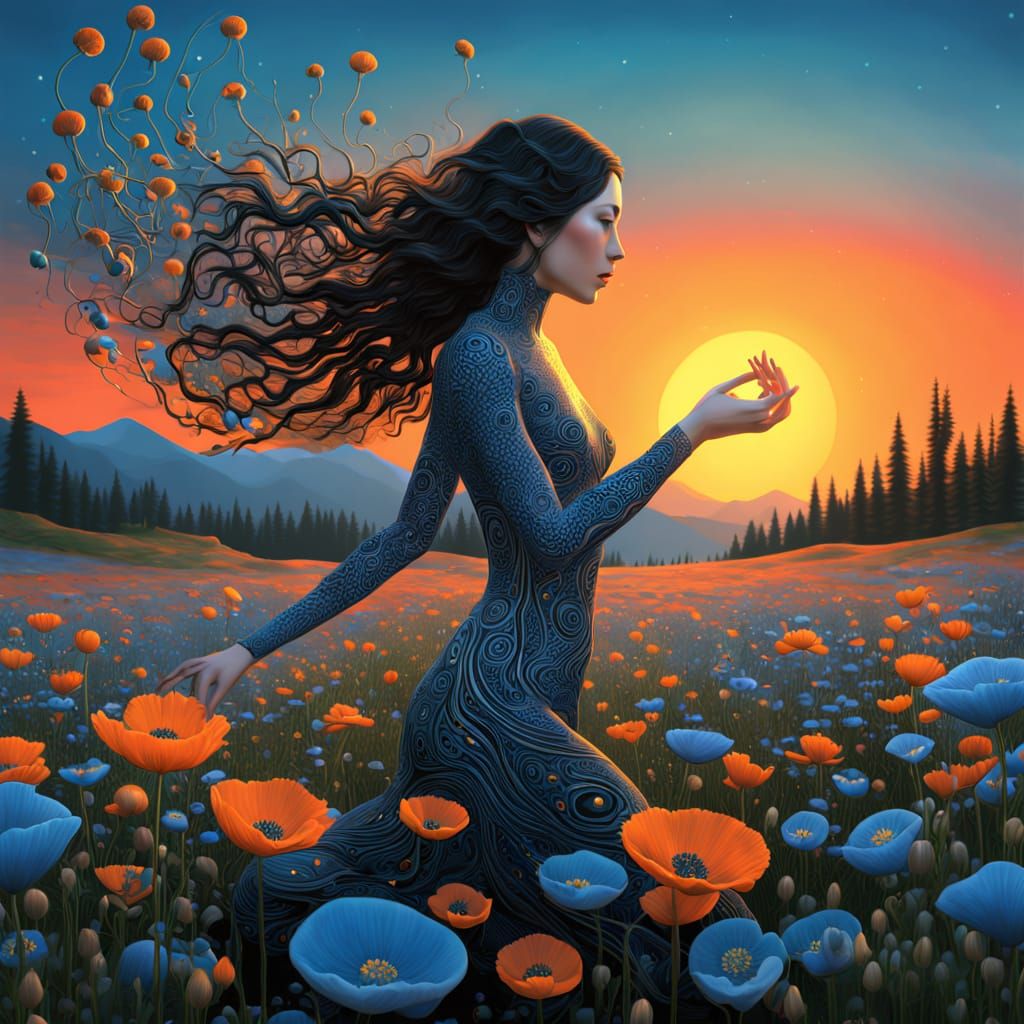 Surrealist Goddess Dances Amidst Vibrant Ecosystems and Swir...