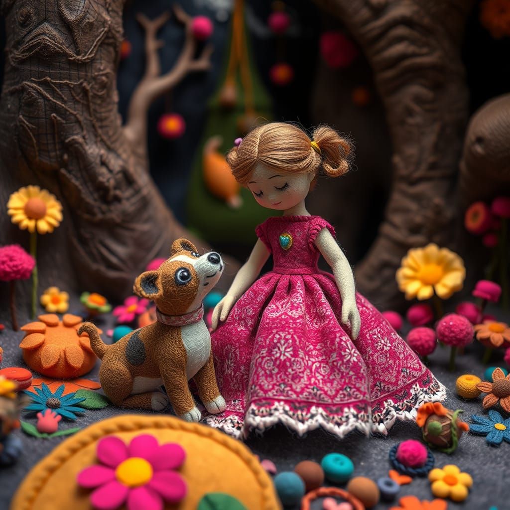 Felt Doll and Dog in Vibrant Felt World