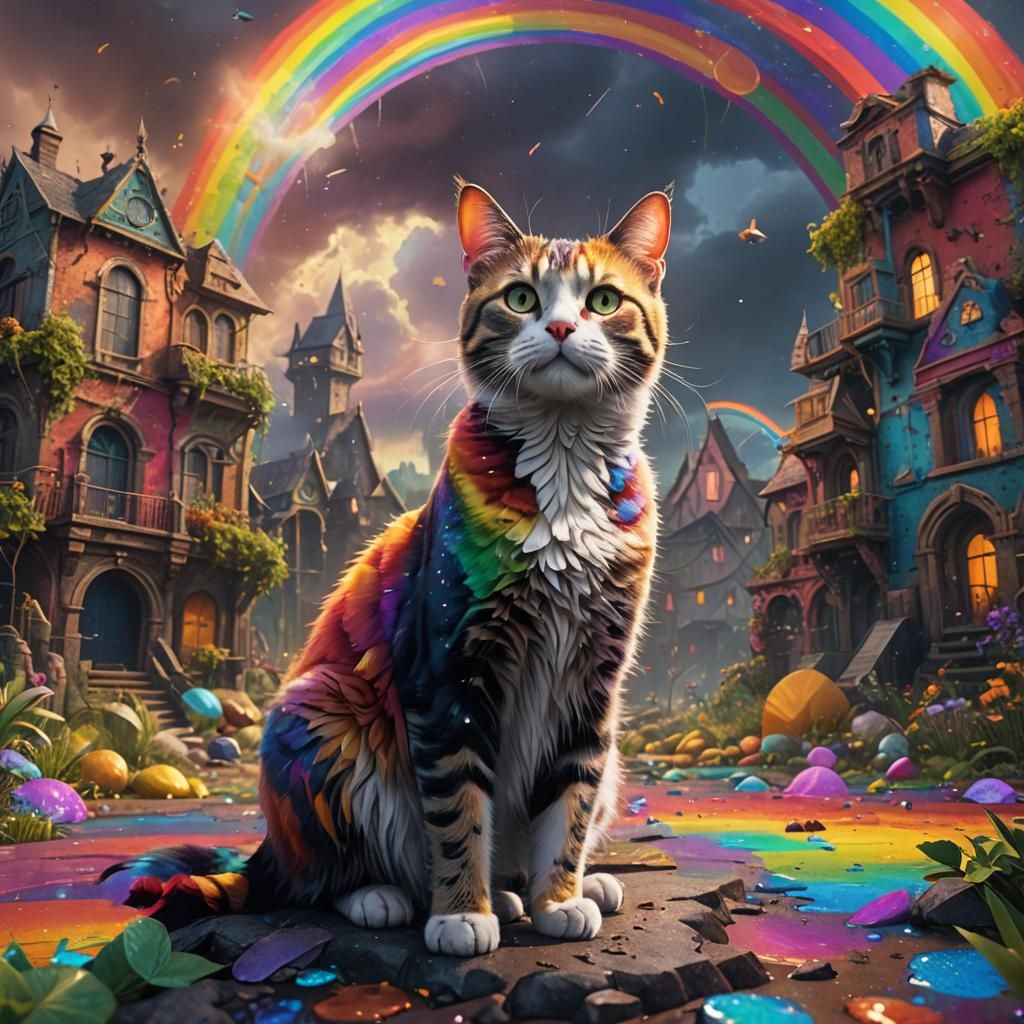 Rainbow Cat in Detailed Matte Painting Style