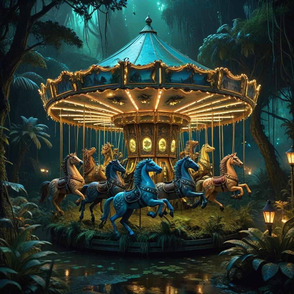 Explorers Find Overgrown Carousel in Bioluminescent Jungle