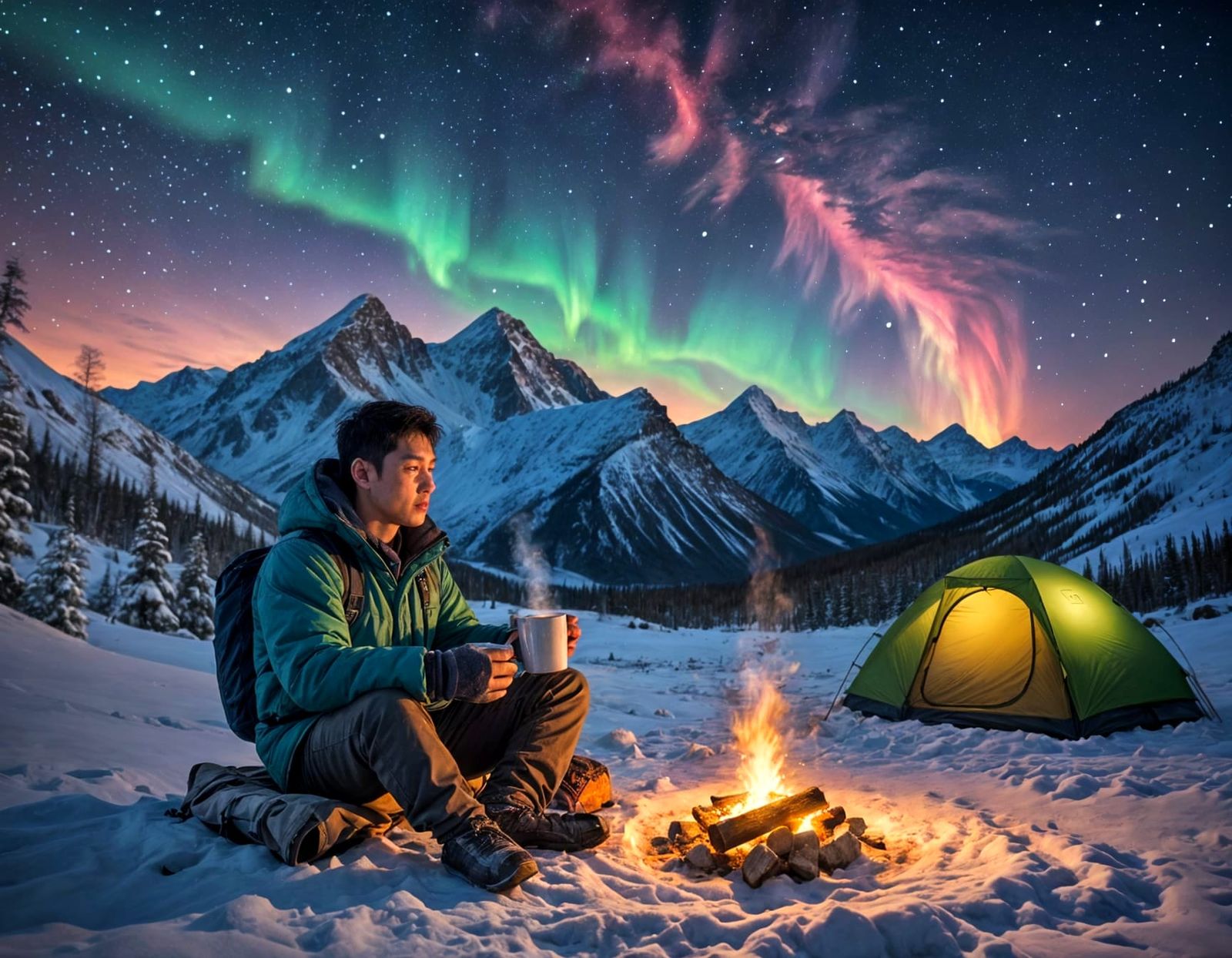 Snowy Mountain Night Scene in Winter Landscape