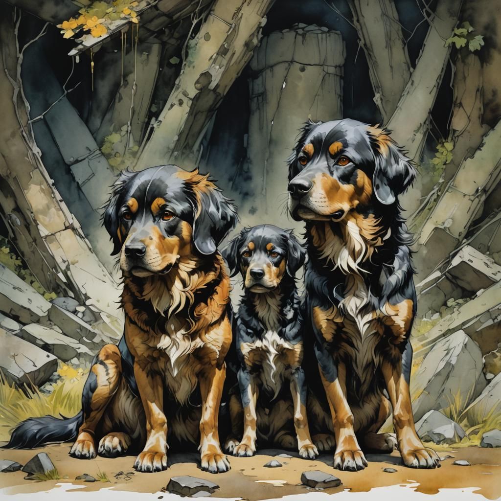 Two-Headed Dog Cerberus in Mixed Art Styles