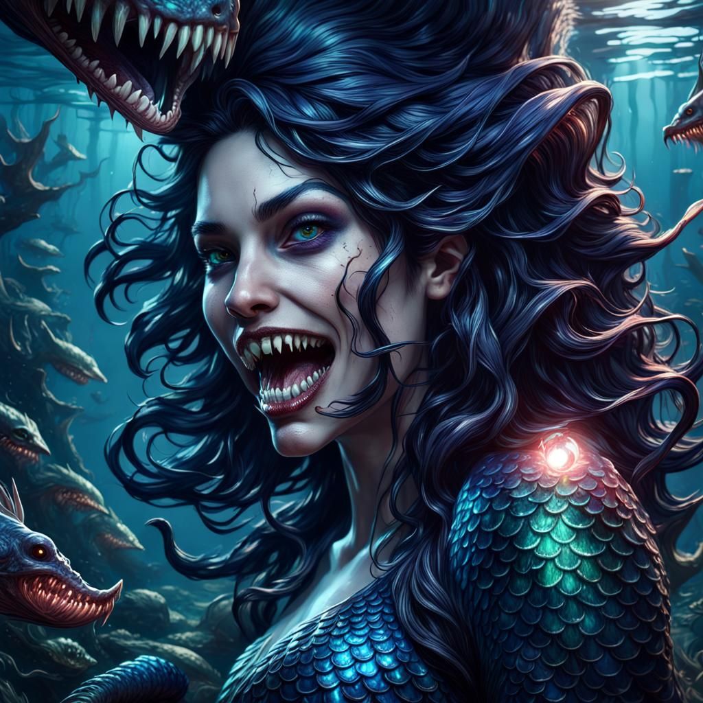 Dark Mermaid with Bioluminescent Lure in Fantasy Art