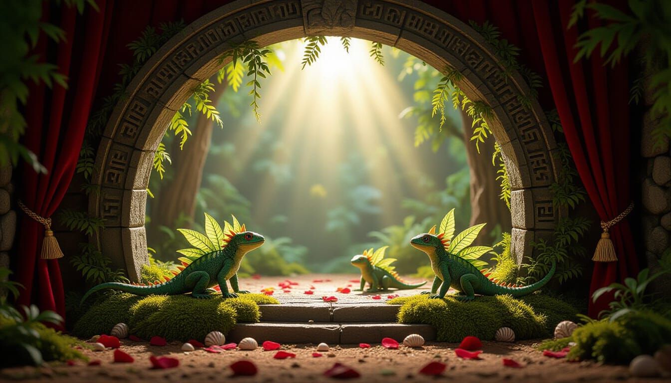 Miniature Theater Diorama with Leaf-Winged Lizards