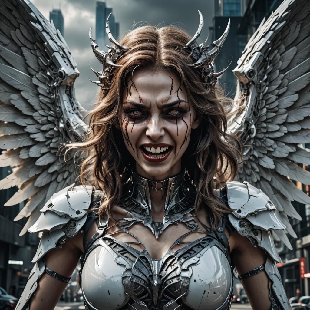 Futuristic Angel with Fangs in Hyperrealistic Style