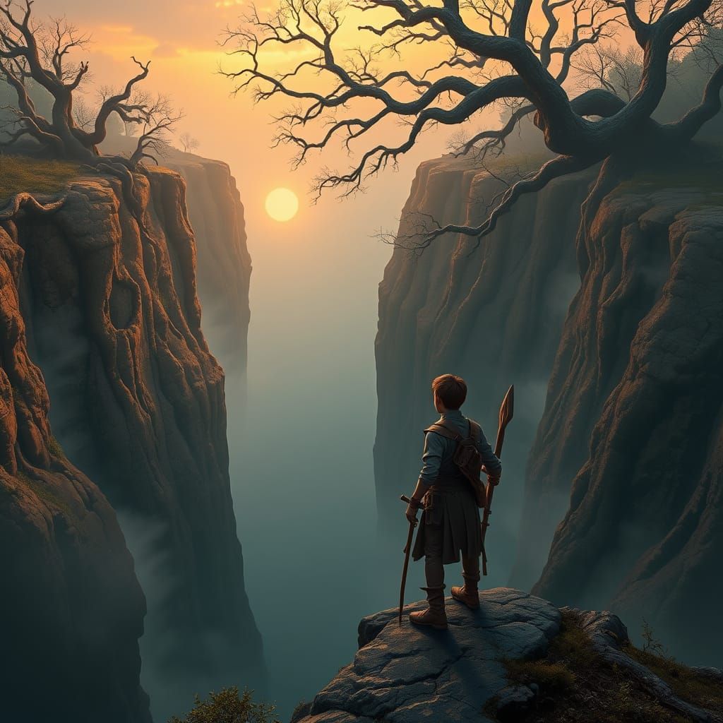 Mysterious Adventurer Stands at the Edge of a Vast, Mist-Shr...