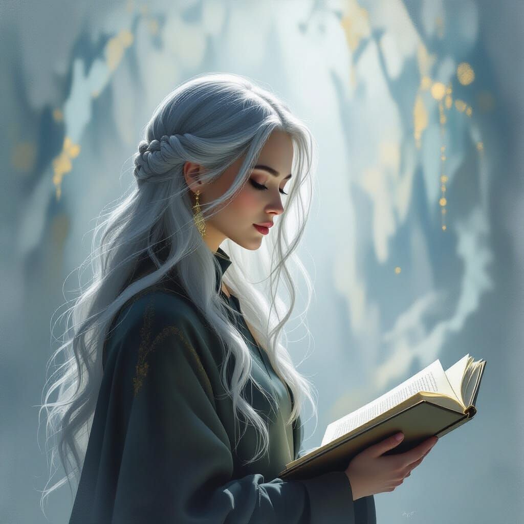 Ethereal Librarian with Silver Hair in Dreamlike Art Style