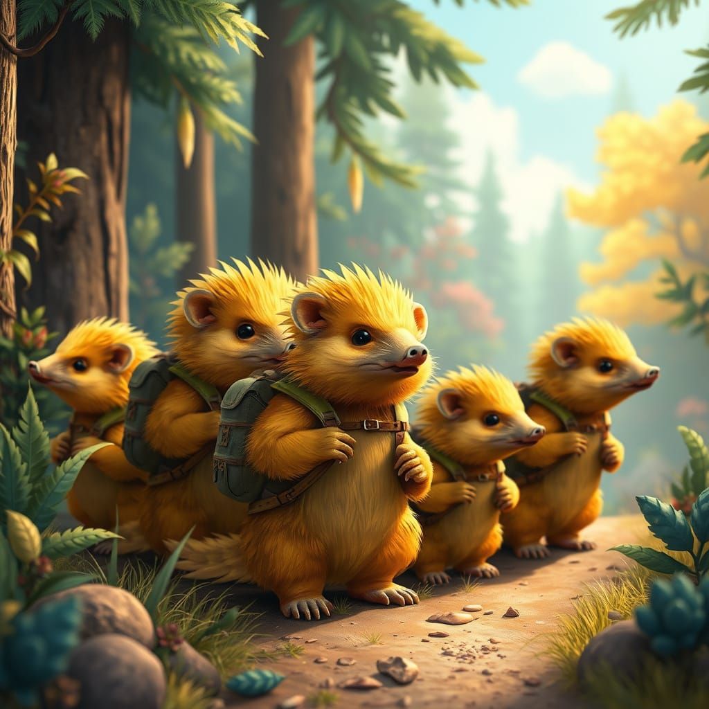 Golden Forest Explorers in Hyper-Realistic Style