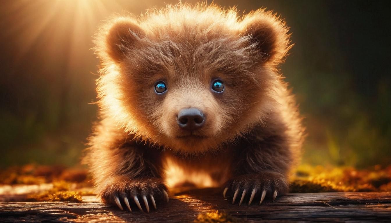 Close-Up of Newborn Bear Cub with Blue Eyes