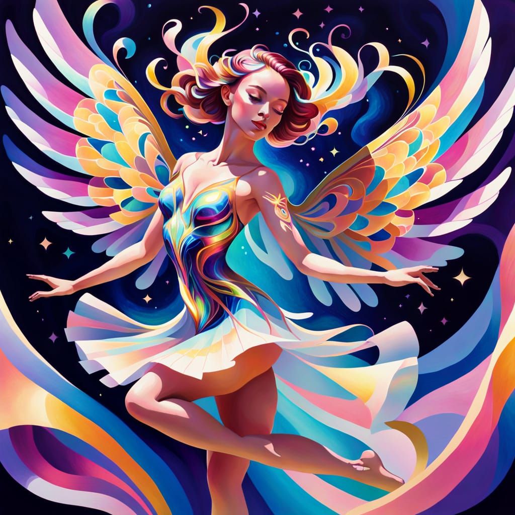 Geometric Dancer with Iridescent Wings in Dreamy Mood