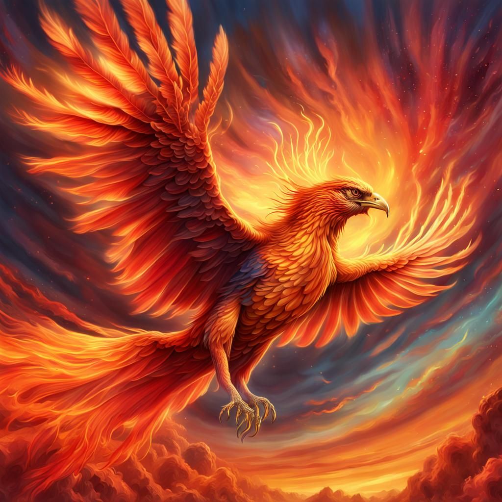 A Phoenix Soars in Majestic Flight, Surrounded by Vibrant, G...