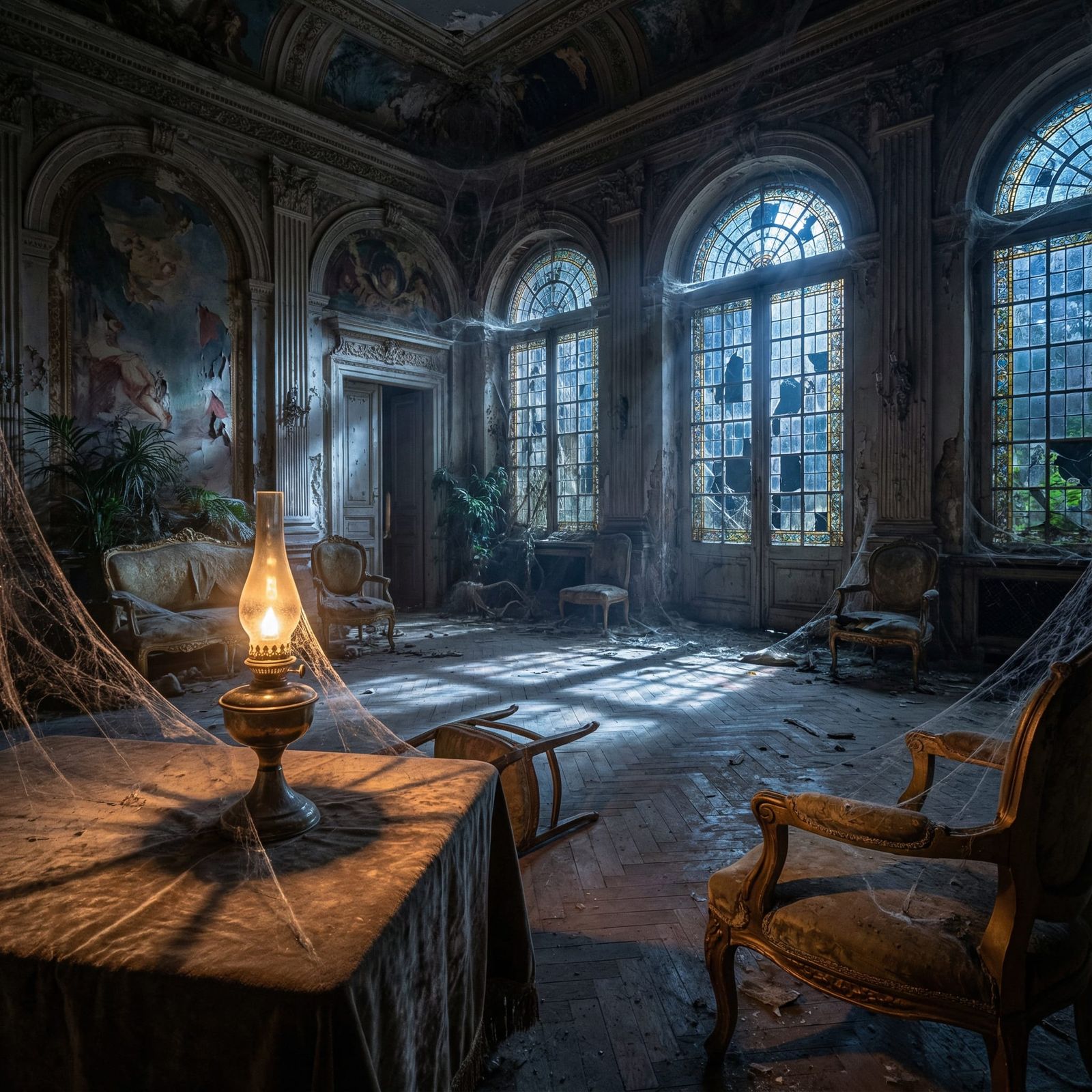 Deserted Ballroom with Oil Lamp in Gothic Style