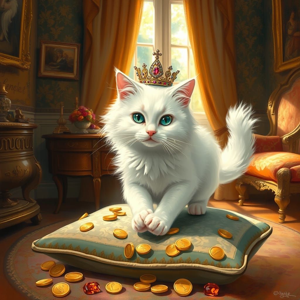 Crowned Cat Perched on Jewels in Impressionist Style
