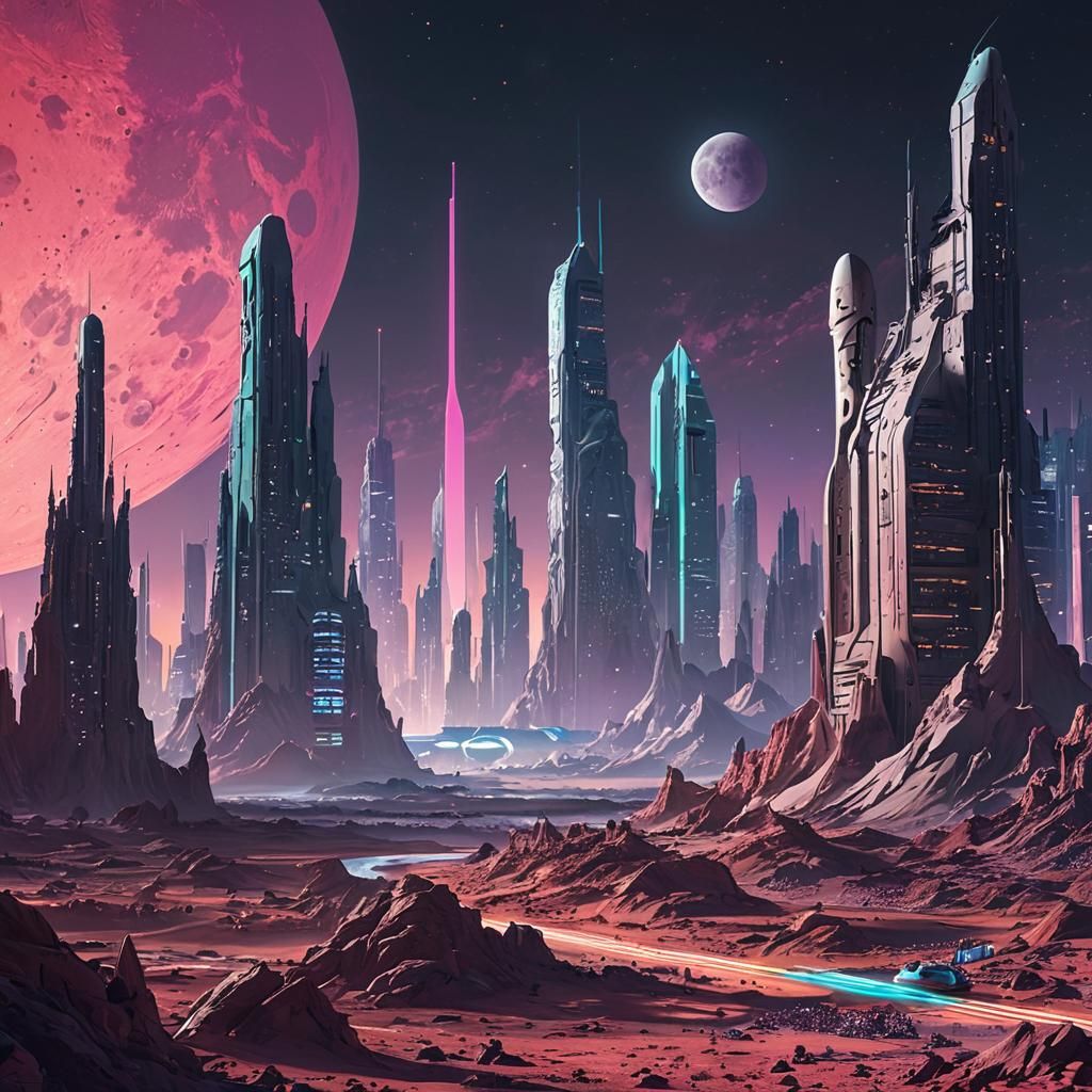 Futuristic Neon City on the Moon: Digital Art