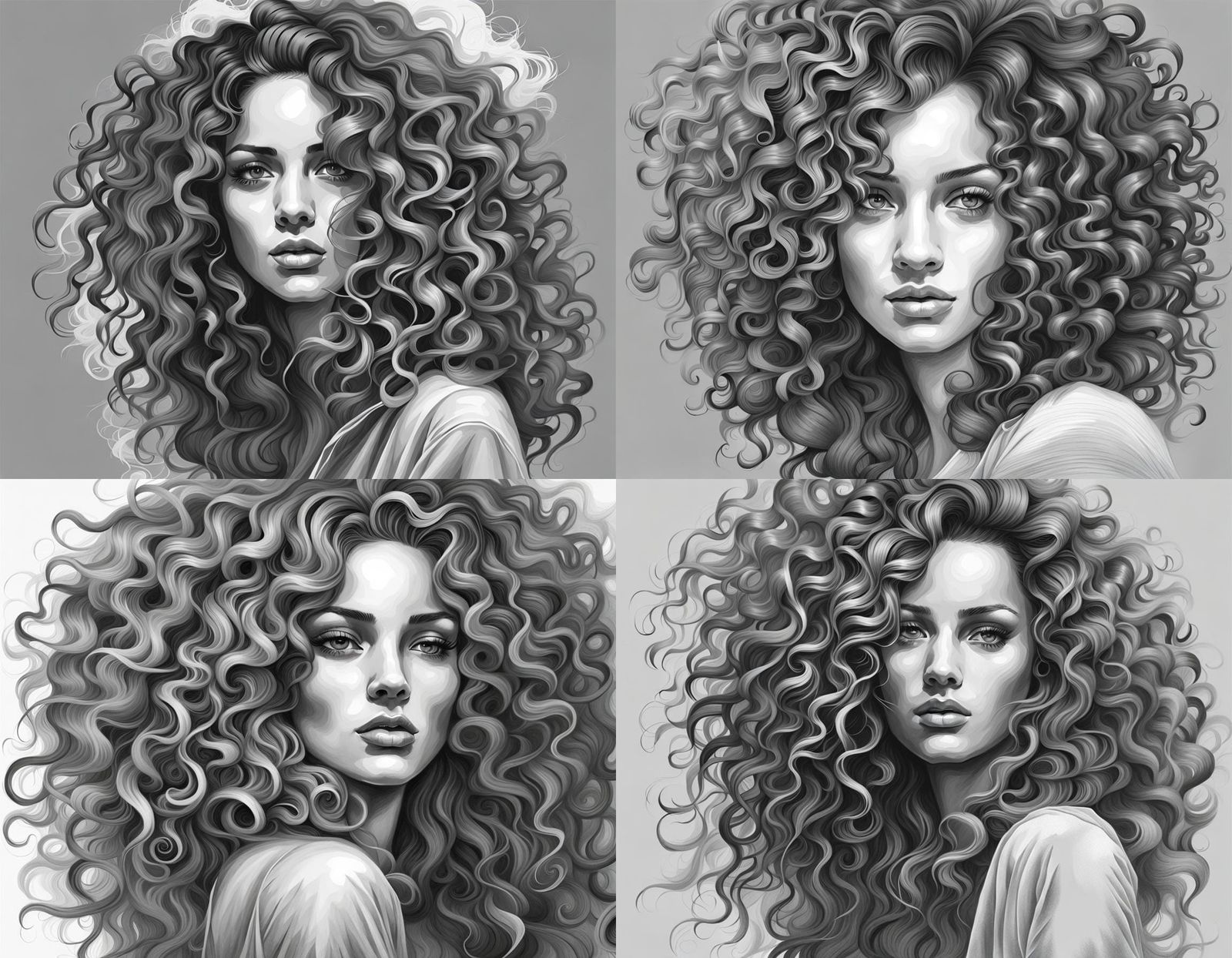 Grayscale Drawing of a Beautiful Woman with Curls