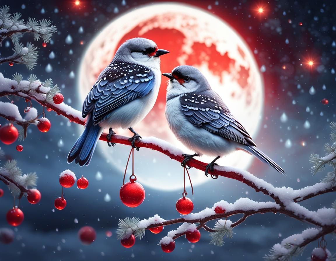 Red and White Birds on Snowy Branch