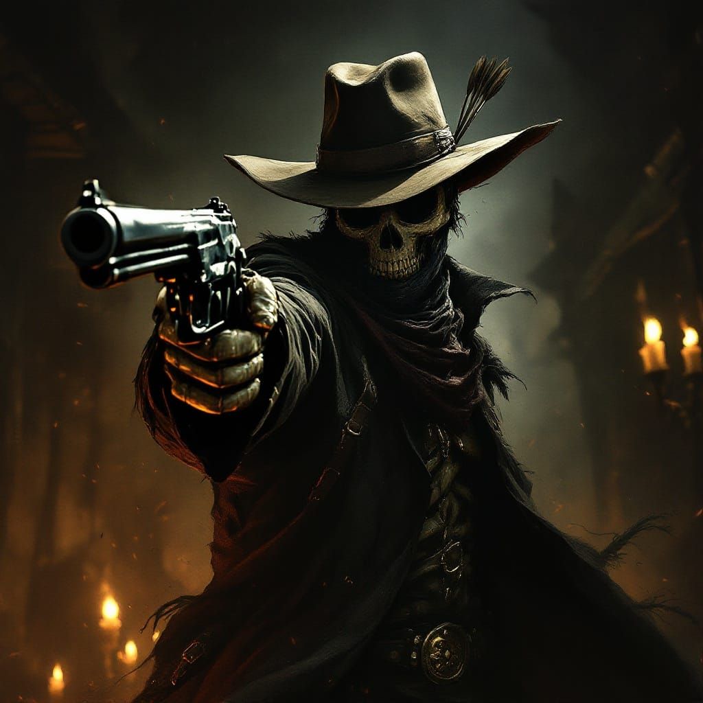 Grimm Skeleton Gunslinger in Dramatic Western Saloon