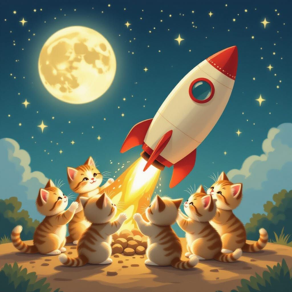 Kittens Build Fiery Rocket to the Moon in Whimsical Style