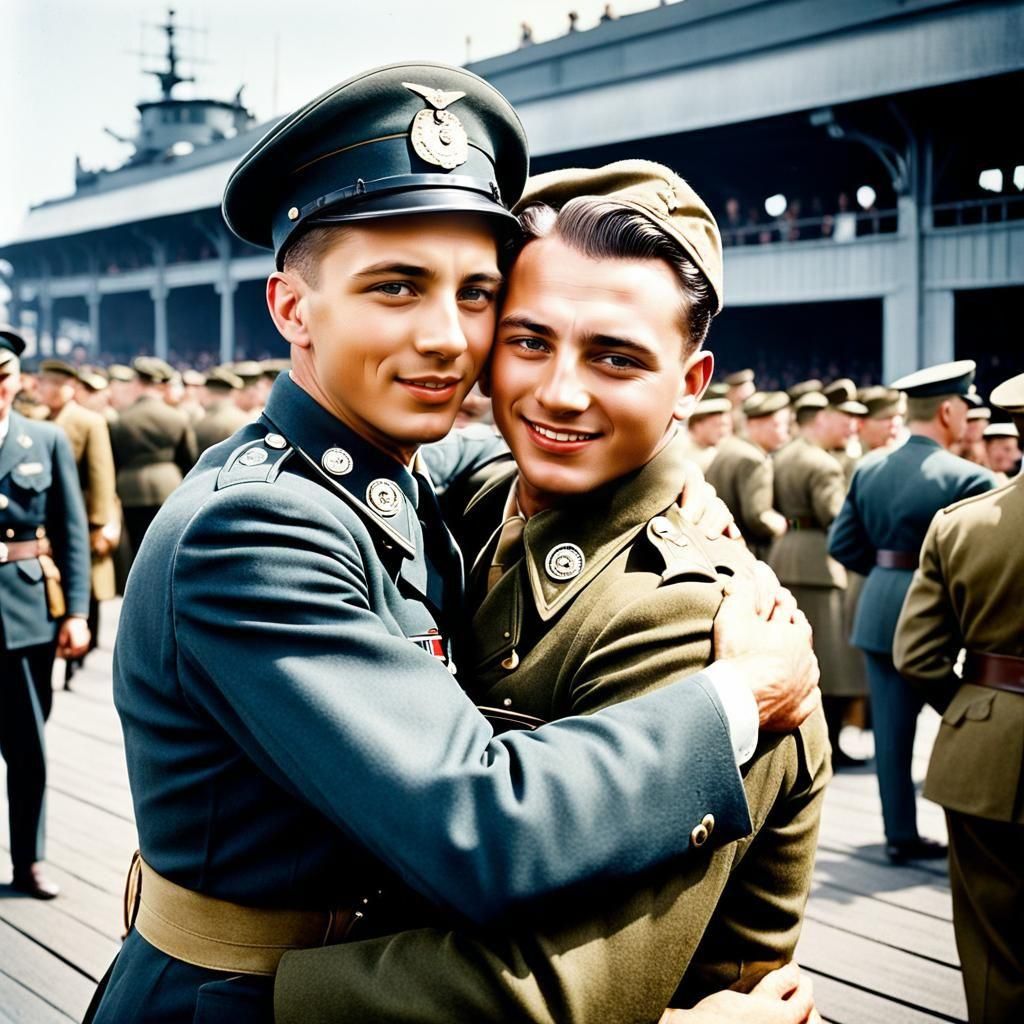 Emotional Reunion: WW2 Soldiers in Vintage Kodachrome Photo