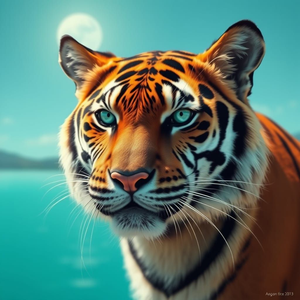 Turquoise Tiger in Fantasy Landscape, Detailed Art