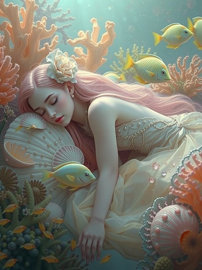 Dreaming Princess Amidst Vibrant Coral Reef