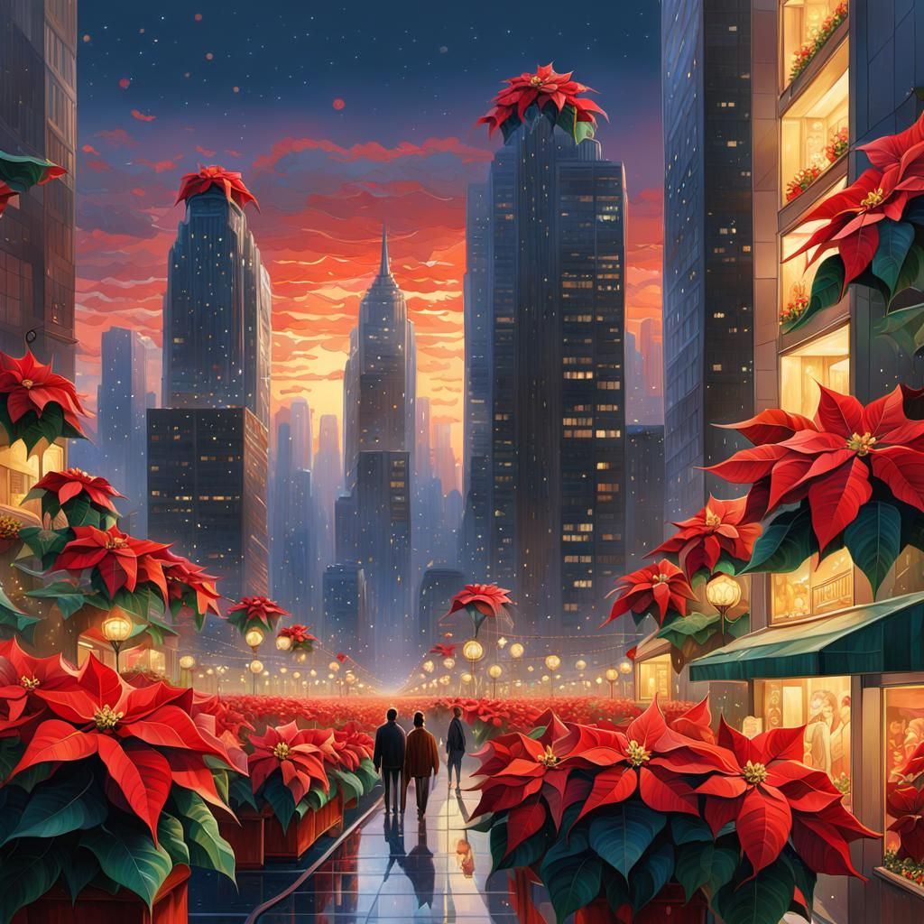 Festive Poinsettia Metropolis at Dusk: A Digital Painting