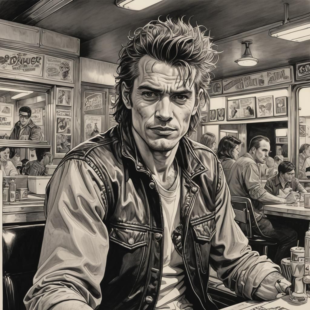 Daring Rocker at Drive-In Diner, in Bold Comic Book Art