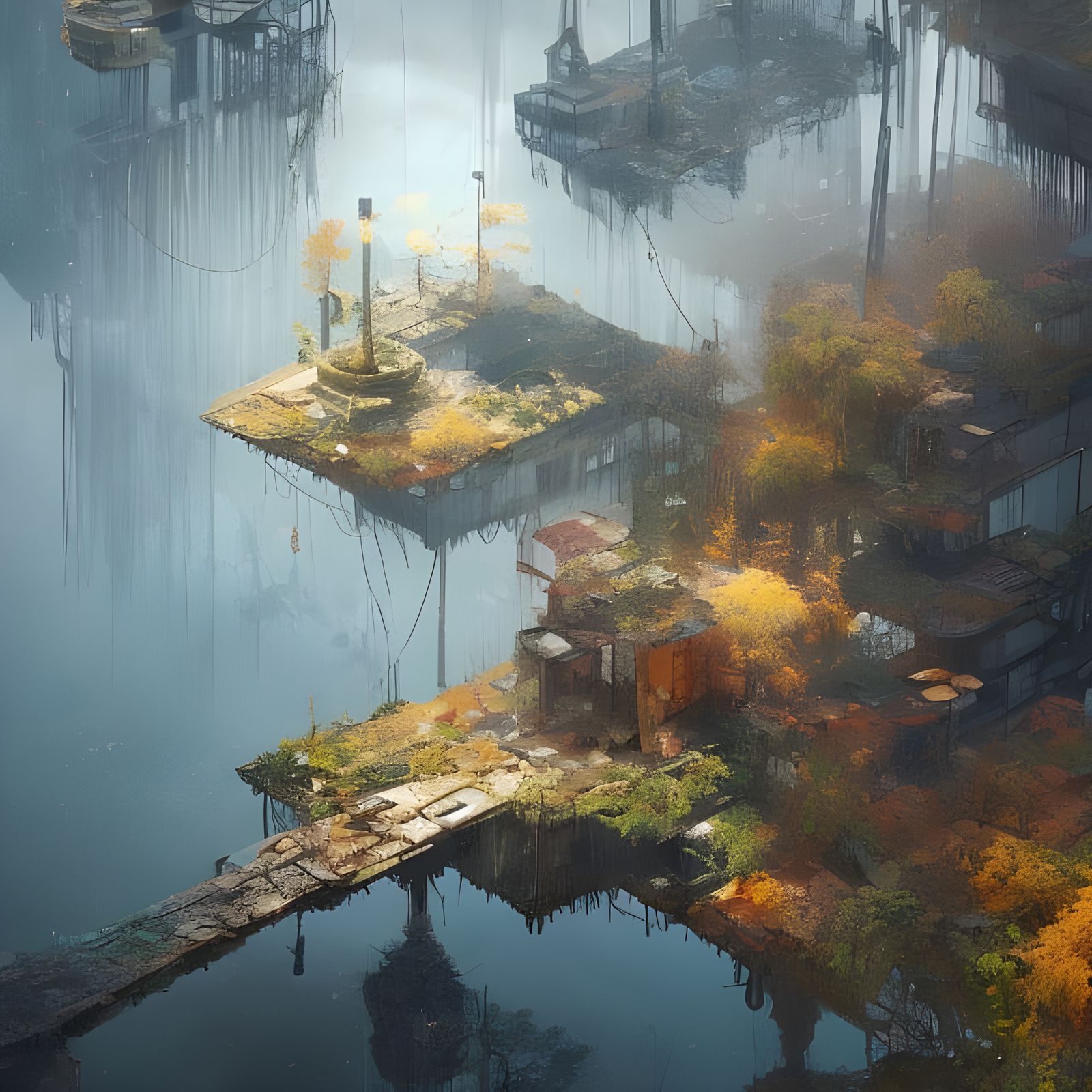 Floating City Island: Autumnal Fine Art Painting