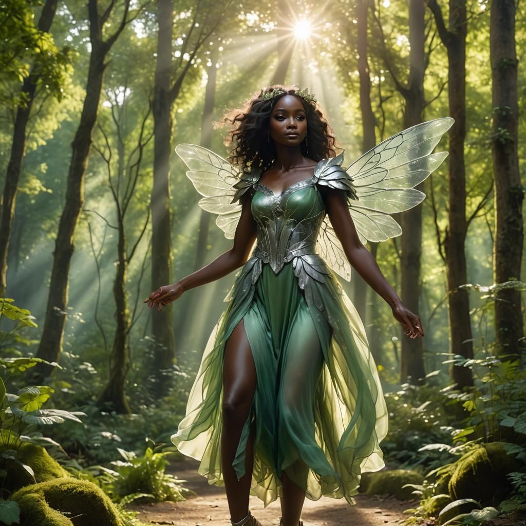 Pretty Fairy with Silver Wings in Forest