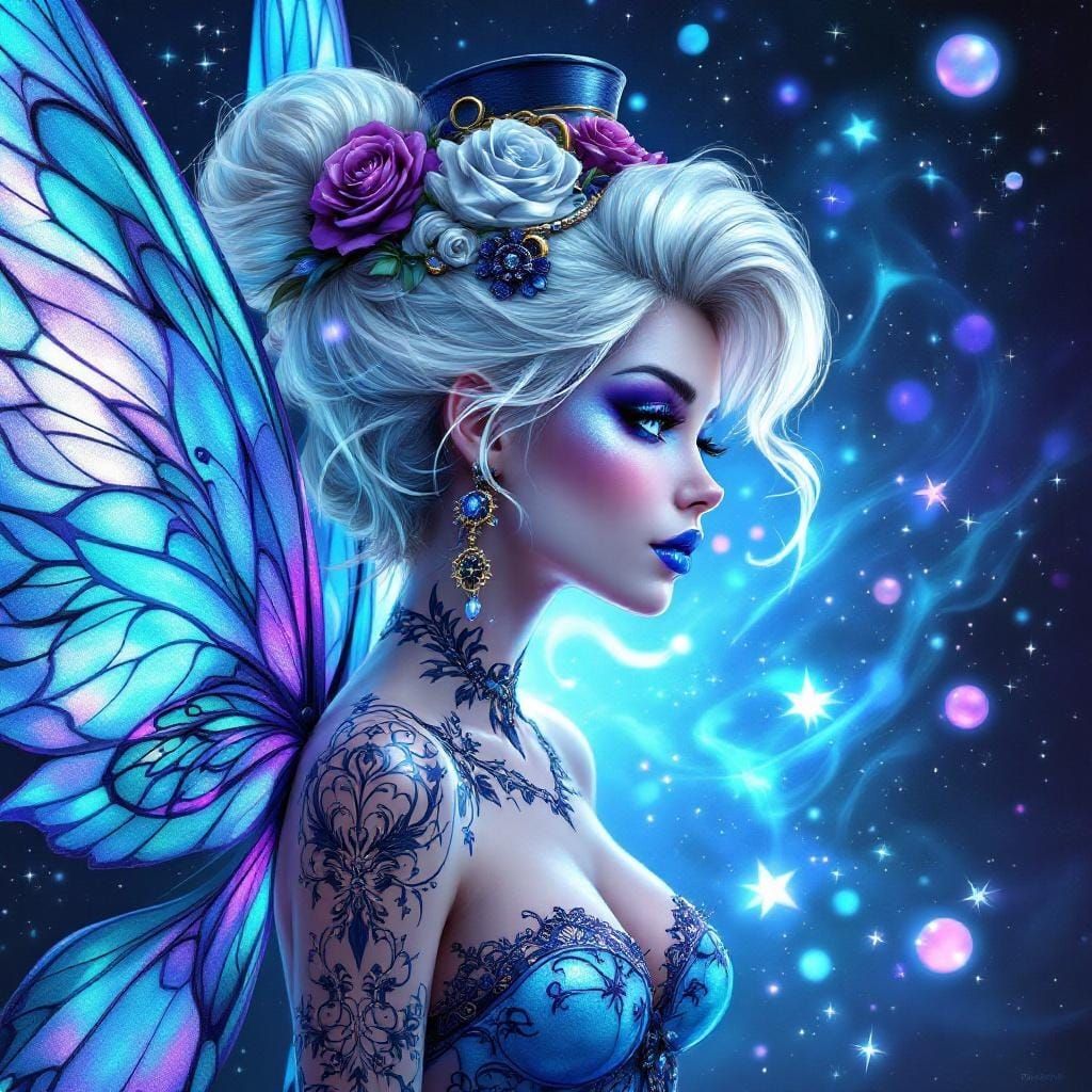 Acrylic and highly detailed steampunk illustration profile view glamorous Tinker Bell look alike , with glowing aqua and...