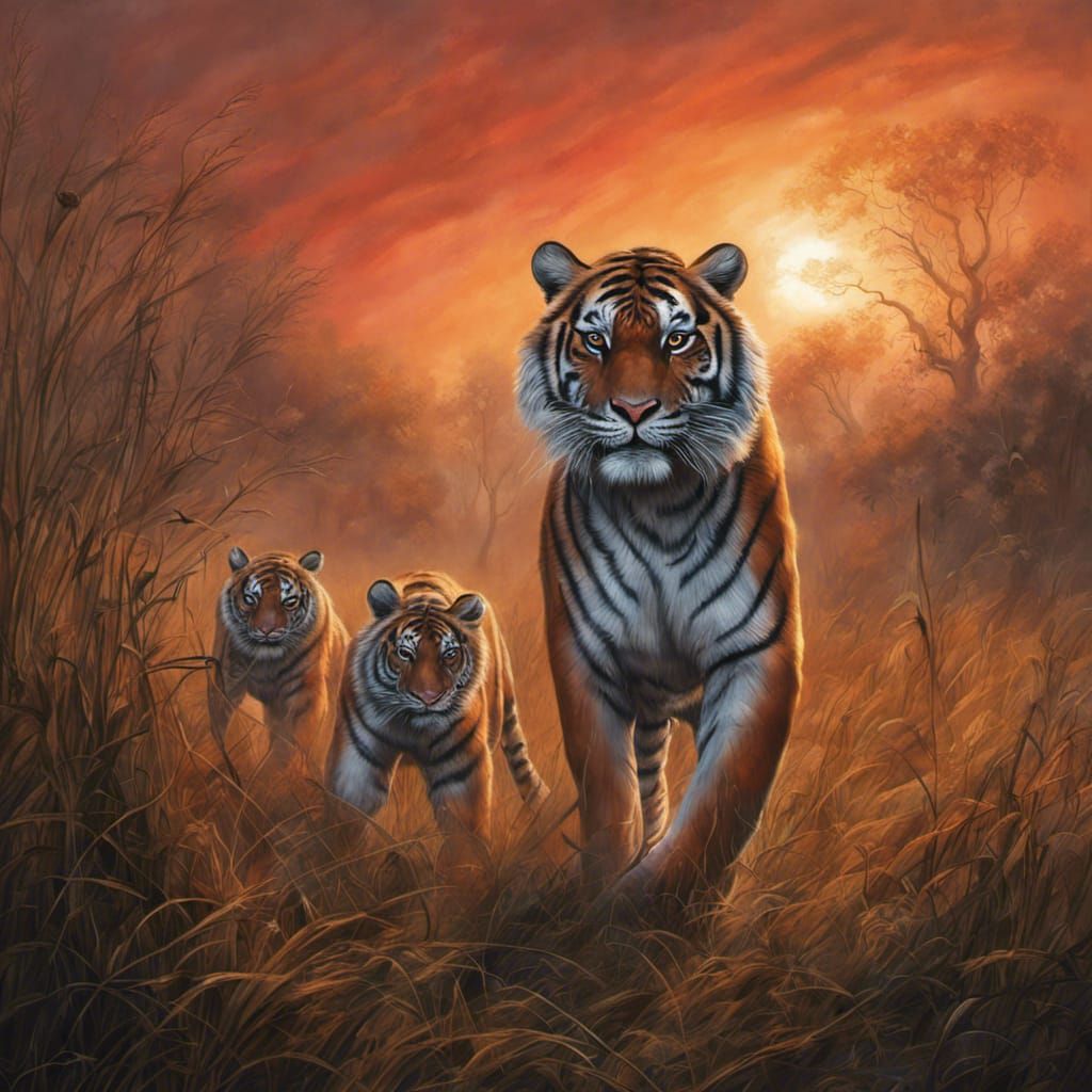 Tiger Family Stalking Through Forest at Sunset