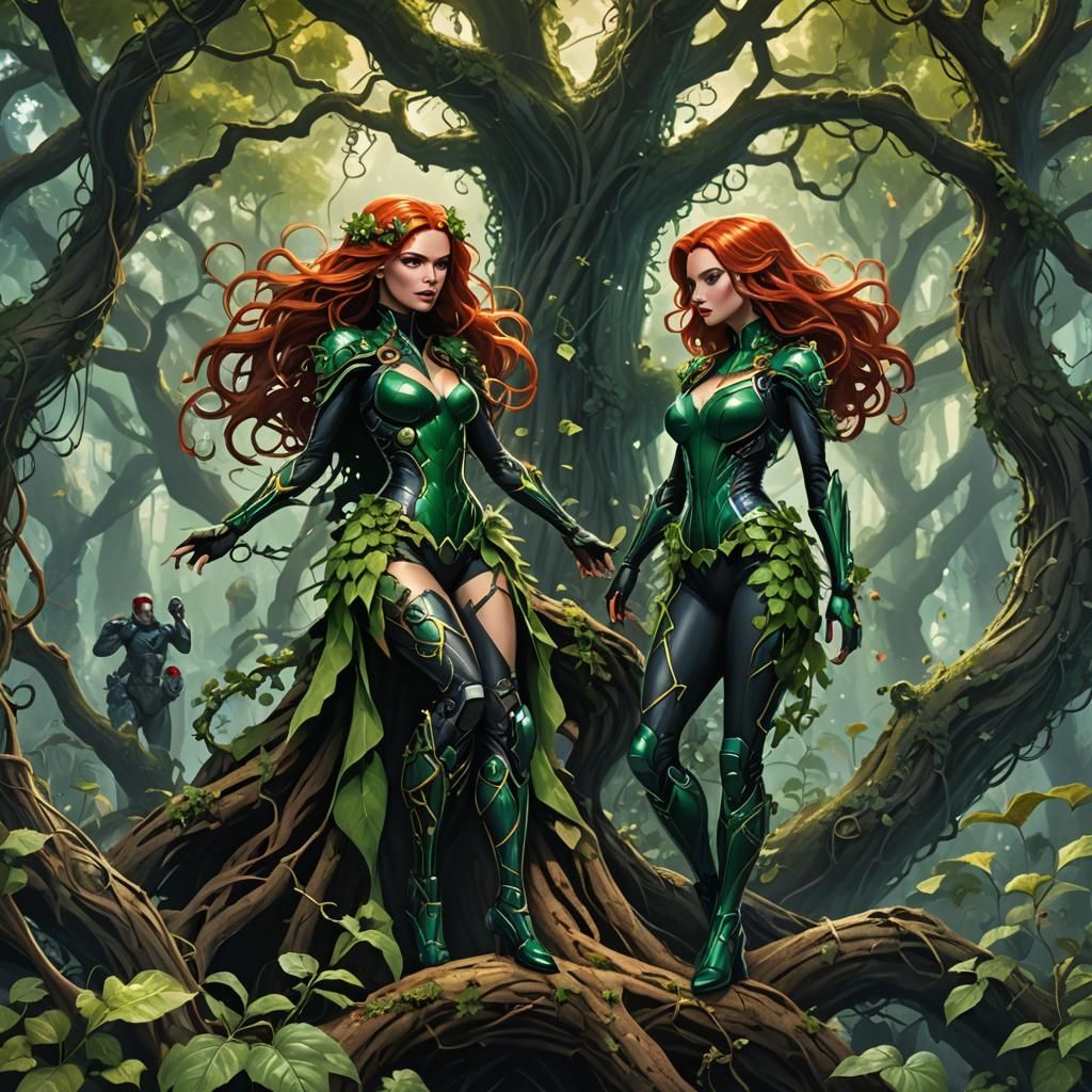 Poison Ivy and Black Widow in Mystical Forest
