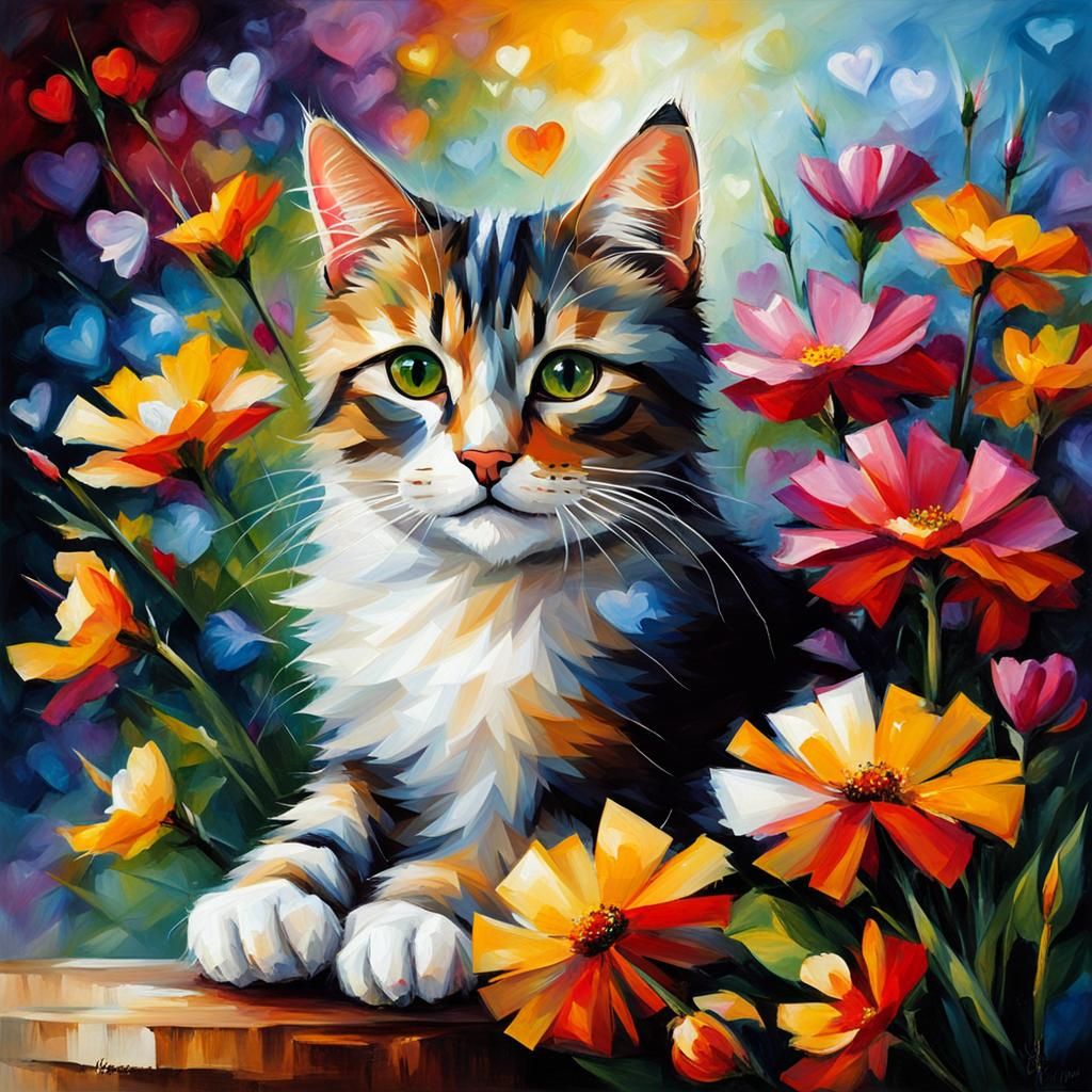 Cat Surrounded by Flowers in Impressionistic Style