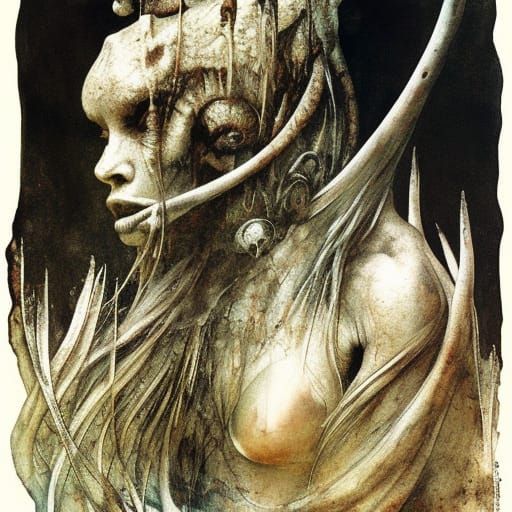 Woman with Mammoth Tusks: Mixed Media Art