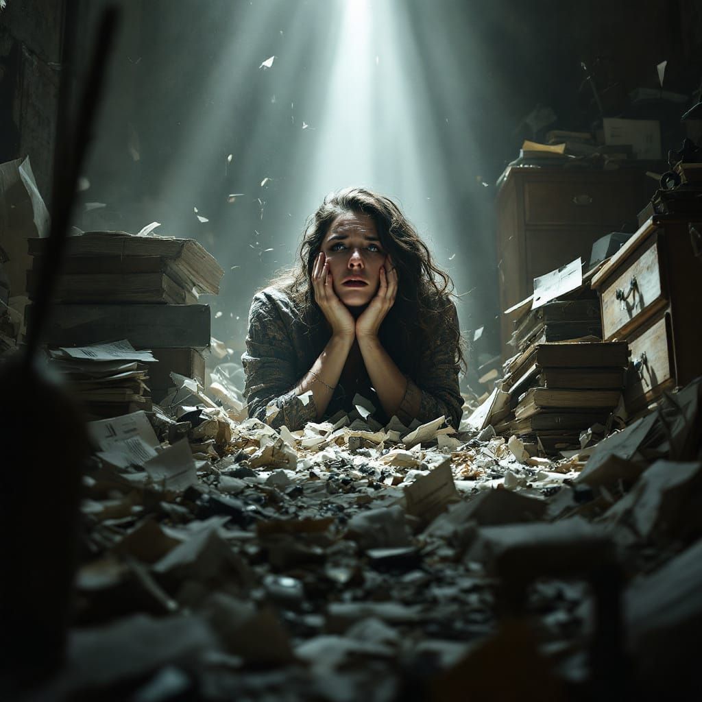 Woman Overwhelmed by Misfortune in Cinematic Style