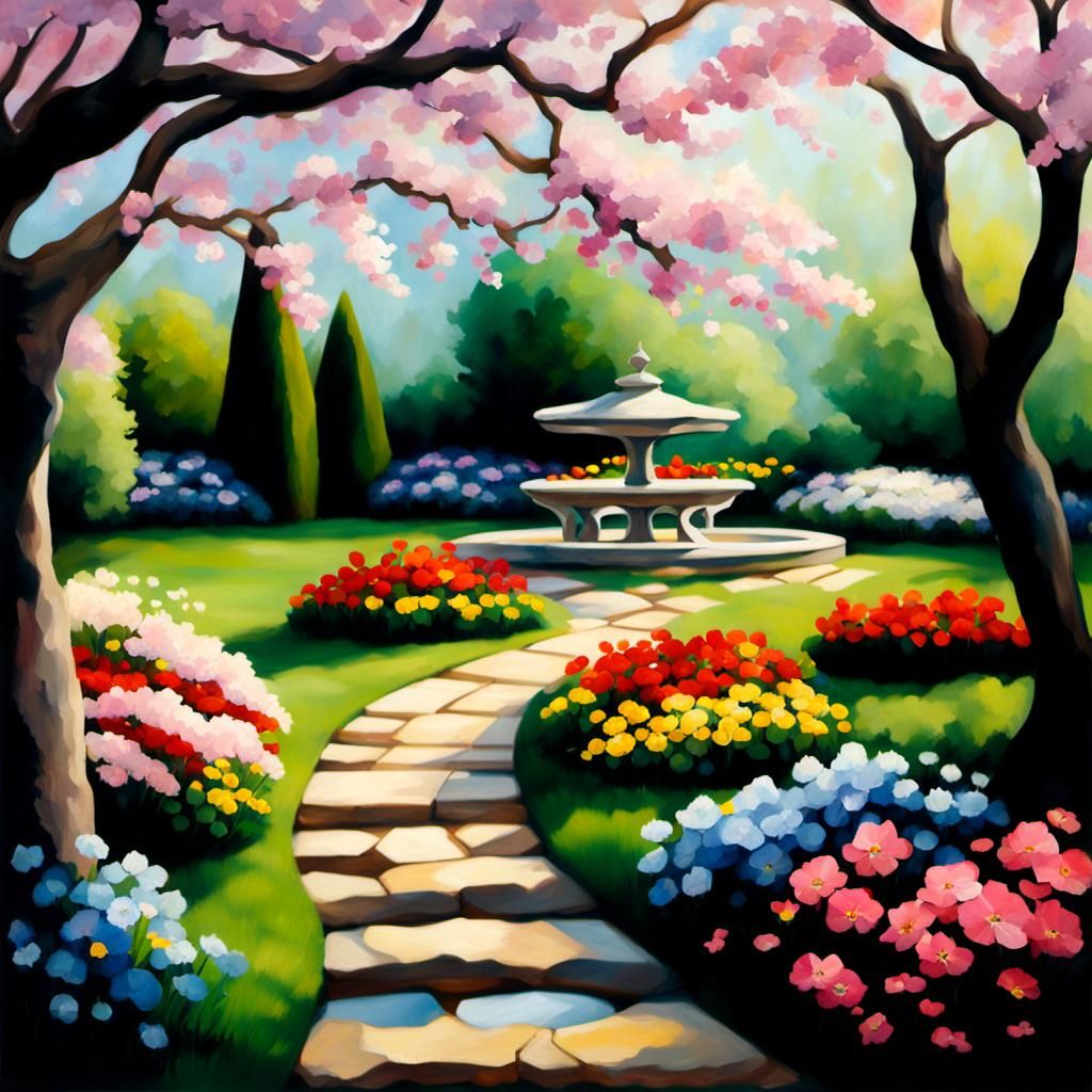 Tranquil Spring Garden Oil Painting with Cherry Blossoms