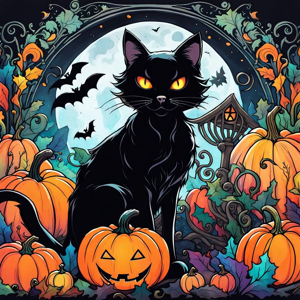 Halloween Black Cat in Ornate Watercolor Style