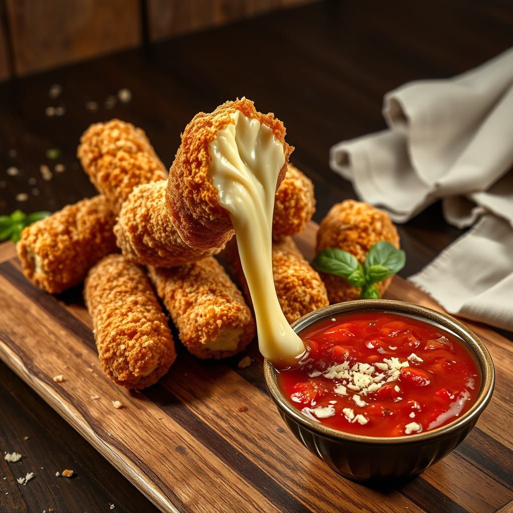 Golden Mozzarella Sticks on Rustic Platter