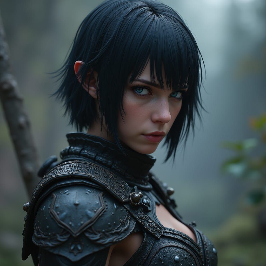 Female Warrior in Leather Armor, Fantasy Landscape Art