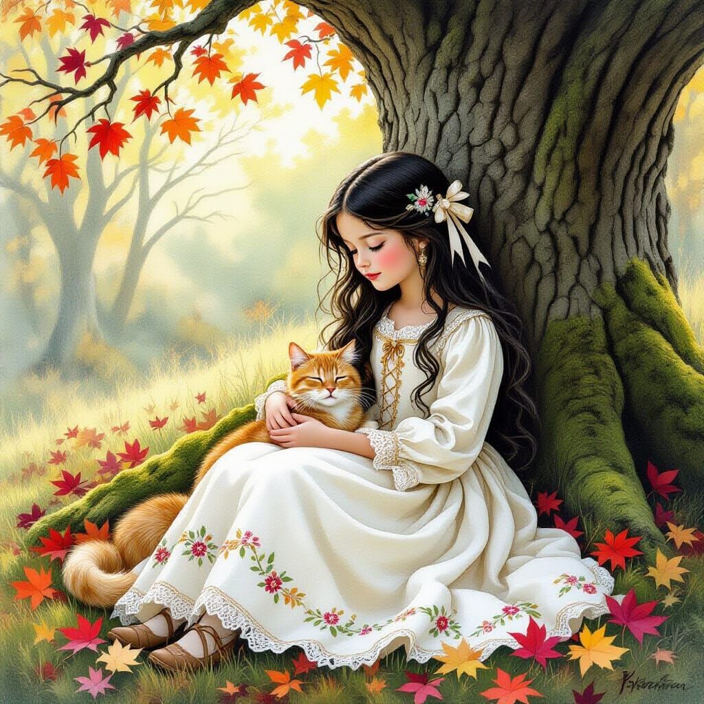 Girl with Cat in Enchanted Forest, Storybook Style