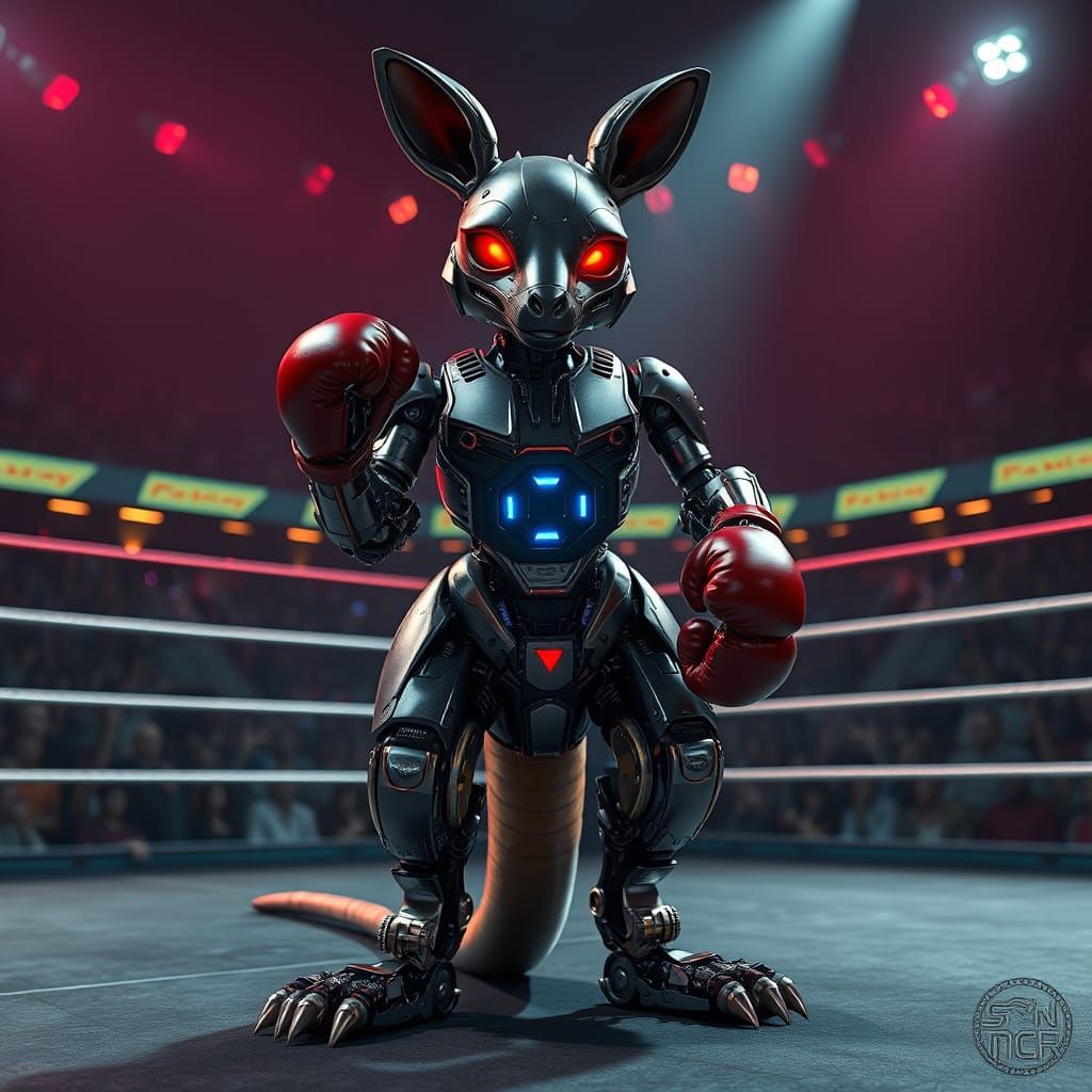 Cyberpunk Warrior Robot Kangaroo in Neon-Lit Wrestling Ring