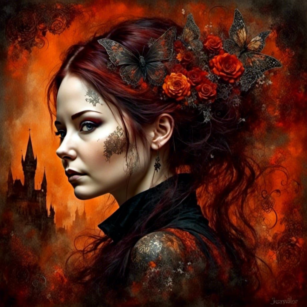 Gothic Vampire Woman Portrait with Flowers and Bats