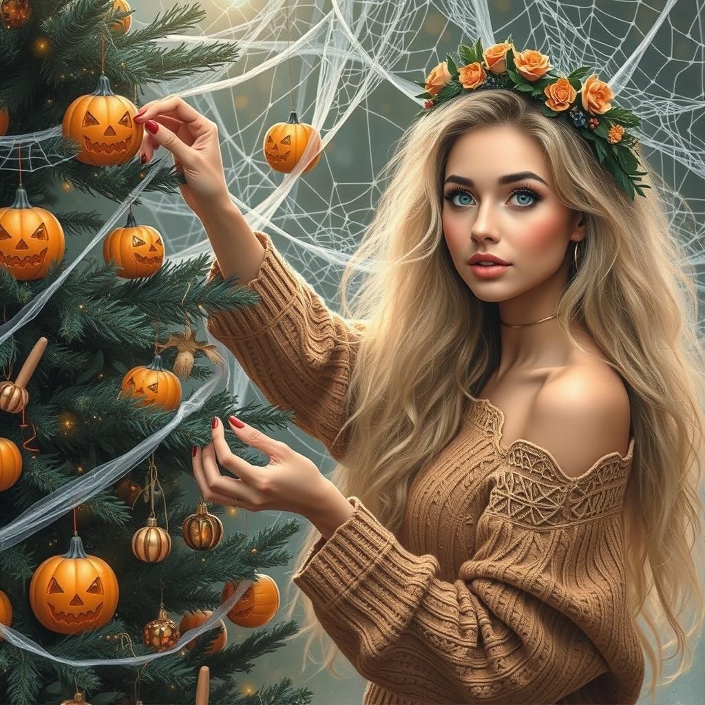 Blonde Woman Decorating Halloween Christmas Tree