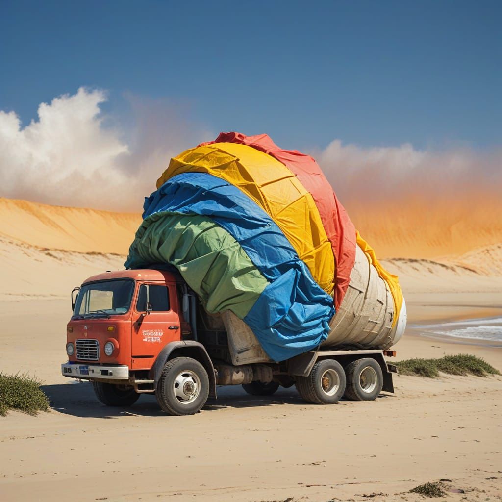 Vibrant Ice Cream Truck Sculpture Against Sunny Beach
