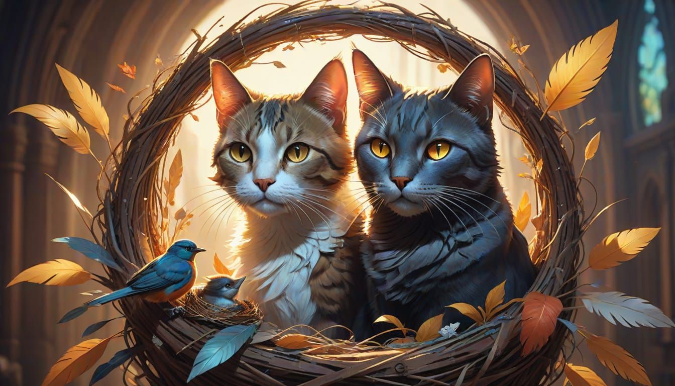 Fierce Feline Interloper in Whimsical Bird's Nest