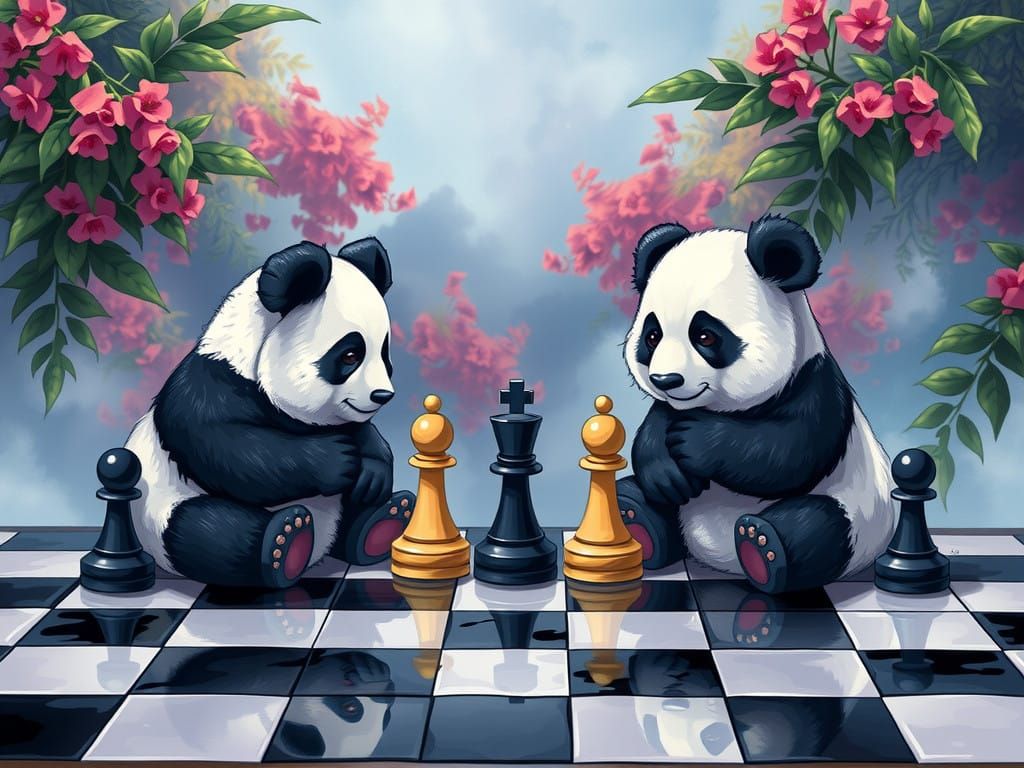 Adorable Baby Pandas Engage in Chess on Whimsical Black and...