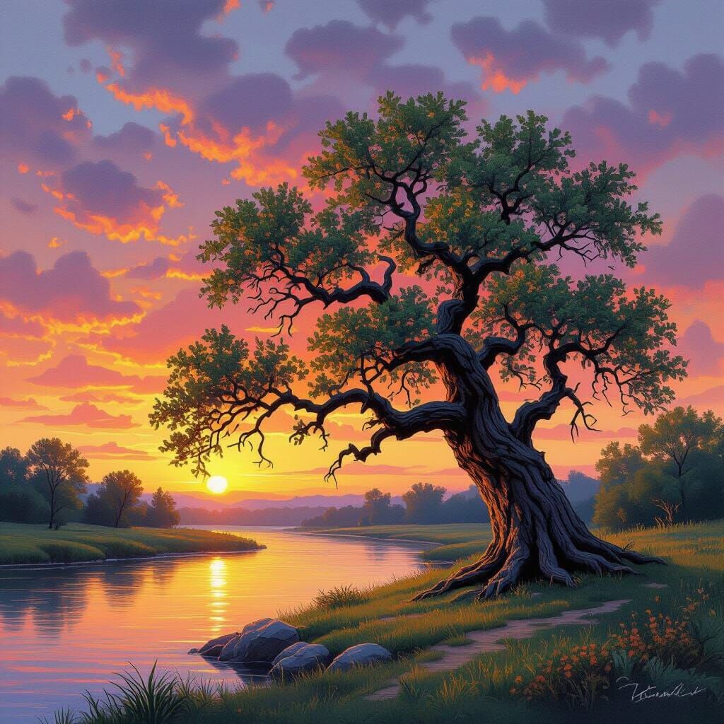 Oak Tree Sunset in Impressionist Style