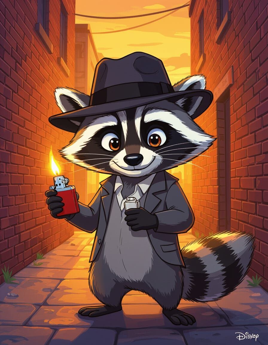 Raccoon with Zippo in Cartoon Art Style