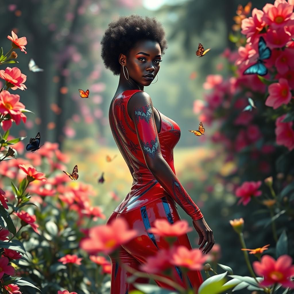 Ebony Lady in Floral Park: 3D Rendered Fantasy